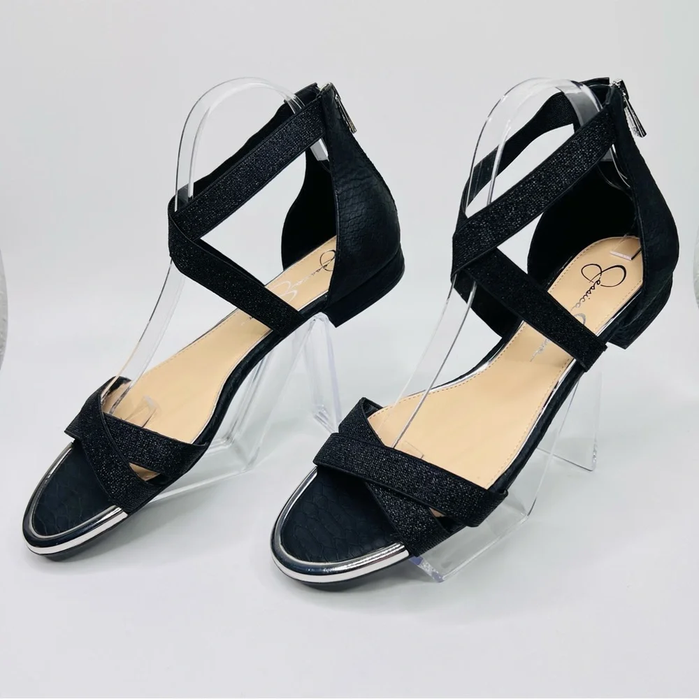 Jessica Simpson Aimlee Black /Silver Ankle Strap Block Low Heel Dressy Sandal
